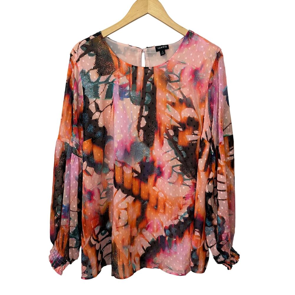 Torrid Chiffon Top Womens 2X Butterfly Colorful Clip Dot Flowy